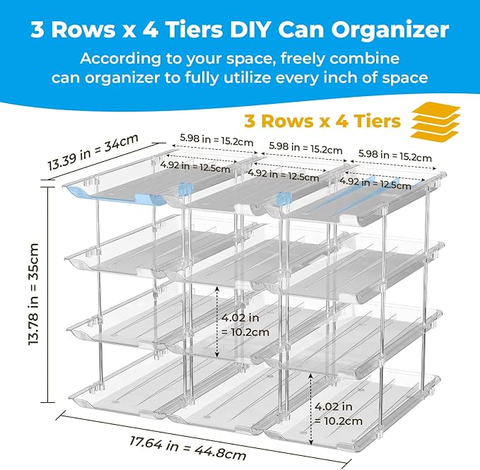 Can Organizer for Pantry Stackable 4 Tiers Can Storage Organizer Pantry Soda Can Organizer for Fridge 48 Cans Rack Automatic Rolling Canned Food Organizer for Refrigerator Kitchen Clear