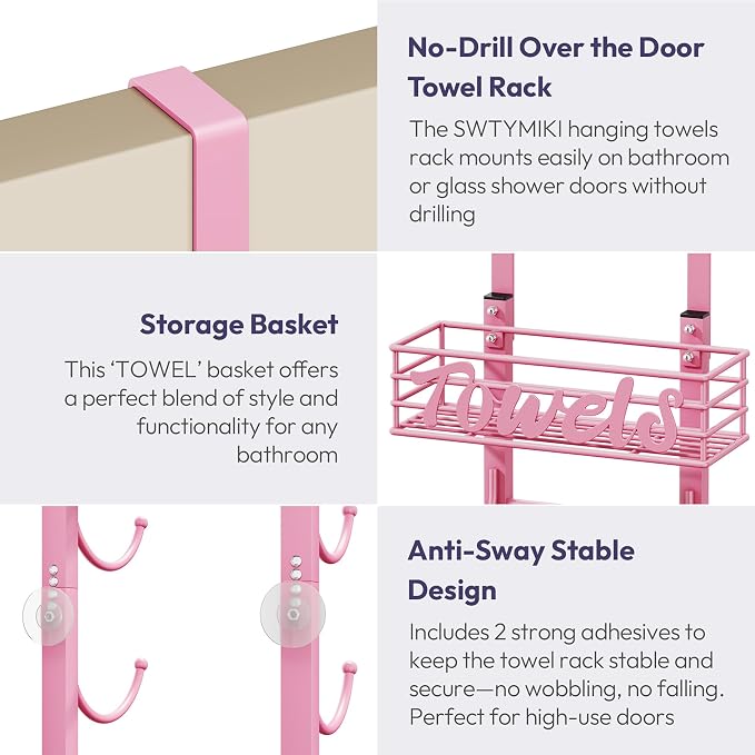 SWTYMIKI Hanging Towel Racks for Bathroom - 9 Tier Over the Door & Wall Mounted Bath Rolled Towel Storage for Women Girl, Door Towel Organizer Holder for Small Bathroom, RV, Camper