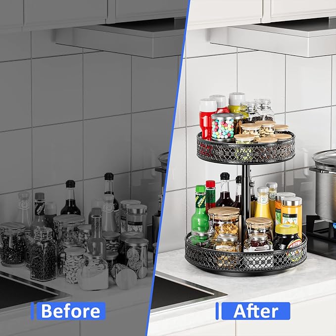 2 Tier Lazy Susan Organizer - Adjustable Rotating Spice Rack 12 inch | Floral Turntable Lazy Susan for Cabinet Pantry Kitchen Countertop Table Top Cupboard Bathroom Vanity Storage Metal Black