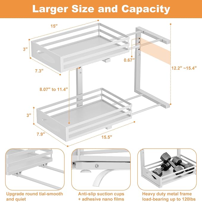 Under Sink Organizer, 2 Tier Under Sink Organizers and Storage, Adjustable Height, Slide out Metal Cabinet Organizers, Pull out Cabinet Storage Drawer Shelf for Kitchen Bathroom (White, 2 Pack)