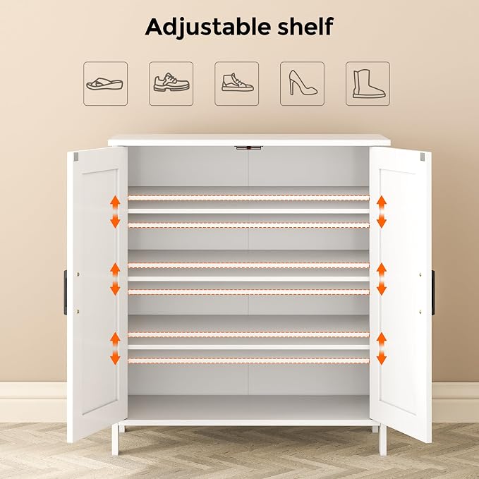 Homleke Farmhouse Shoe Cabinet with 2 Barn Doors & Wood Legs | Tall 4-Tier Shoe Storage Cabinet, 3 Adjustable Shelves, Shoe Rack Organizer, for Entryway, Hallway, Closet, White