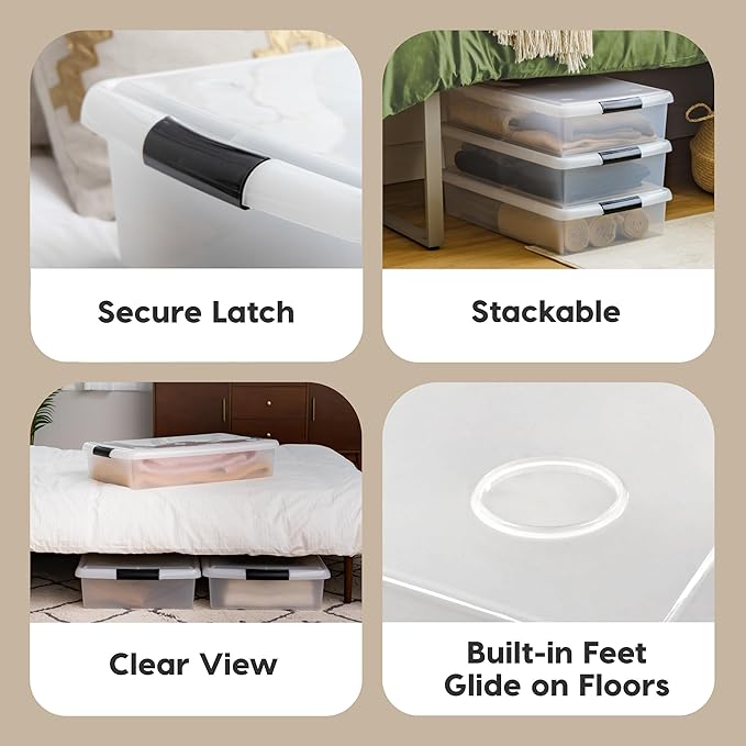 IRIS USA 3-Pack, 40 Qt. Under Bed Storage Bin with Lids, Black/Clear | Store seasonal clothing, shoes, blankets, linens and household essentials neatly under beds to maximize storage space