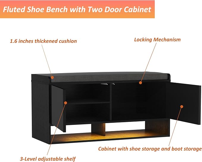 HOMEFORT 39.4" Fluted Shoe Storage Bench, Entryway Bench with Linen Seat Cushion, Shoe Cabinet Bench with Adjustable Shelf and Built-in LED Sensor Light, Bench for Bedroom End of Bed,Black