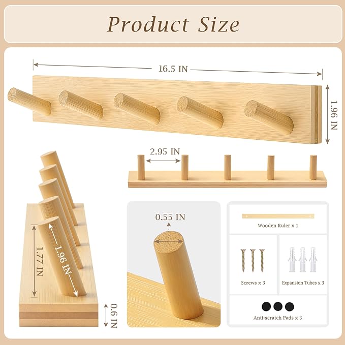Coat Rack Wall Mount, Wooden Coat Hanger, Natural, 1 Pcs | Heavy Duty, 5 Sturdy Rounded Hooks, Bamboo Wood Material, for Entryway, Doorway, Living Room, Kid's room, Living Room, Closet
