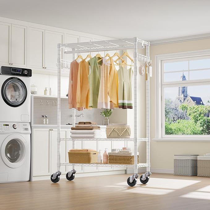 VIPEK R3 Rolling Clothing Rack Portable Garment Rack for Hanging Clothes | Lockable Silent Wheels, Adjustable Wire Shelving, Metal Side Hooks, Load 374lbs, Space-Saving Storage for Small Space, White