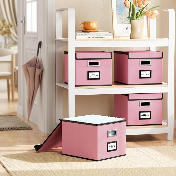 File Organizer Box with Lids, Collapsible File Folder Organizer | File Box with Plastic Slides for Office Document Storage, Filing Bin for Letter Size Hanging File Folders (2 Pack, Pink)
