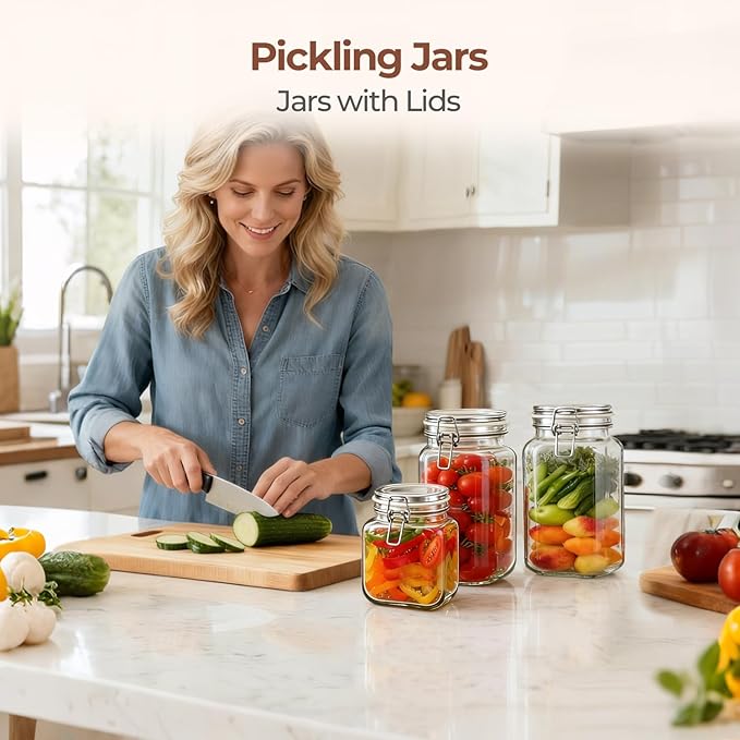 ComSaf Square Glass Jars with Airtight Lids 51 oz 3 Pack Wide Mouth | Flour sugar rice, Kimchi pickling, Sourdough pickling, Pantry organization, Dry food storage, Kitchen storage canister