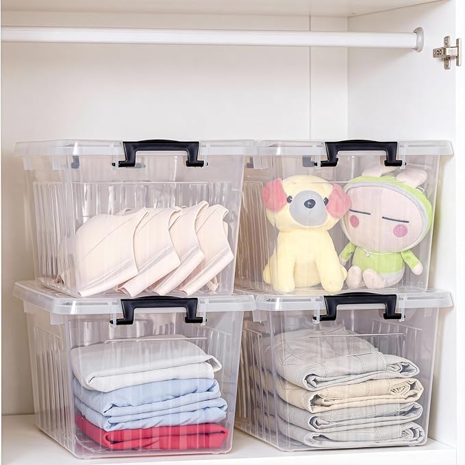 Citylife 22 Qt Plastic Storage Bins with Latching Lids 4 Packs | Stackable See-Through Craft Storage Box Latches Durable Containers Secure Pull Handle Organizing for Home Kitchen Pantry