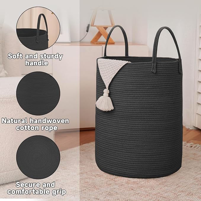JMvicyroam 100L Cotton Rope Laundry Basket Hamper, Black | Collapsible laundry basket, reinforced handles, freestanding, machine washable, holds 3-5 thick blankets, clothes or toys