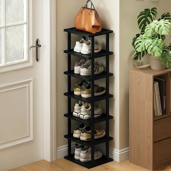 Vertical Shoe Rack - Tall Narrow Shoe Rack Organizer for Small Spaces,7 Tier Bamboo Shoen Shelf for Entryway,Closet,Corner,Doorway,Skinny Shoe Shelf Space Saving Shoe Storage,Free Stackable DIY