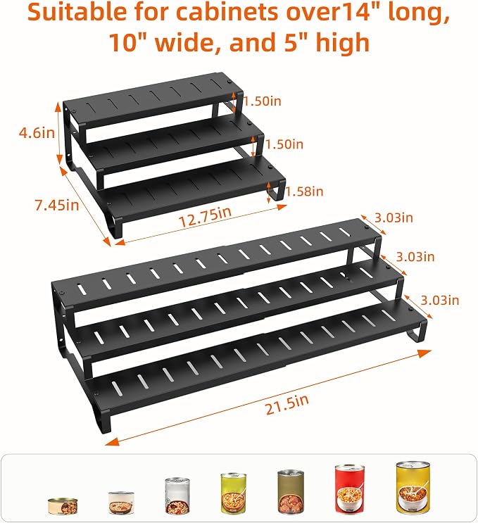 Expandable Can Organizer for Pantry,3-Tier Adjustable Metal Can Rack 2 Pack | Tiered Countertop Shelf, Adjustable height Pantry Organizer for Kitchen Cabinet, Countertop & Canned Goods Storage