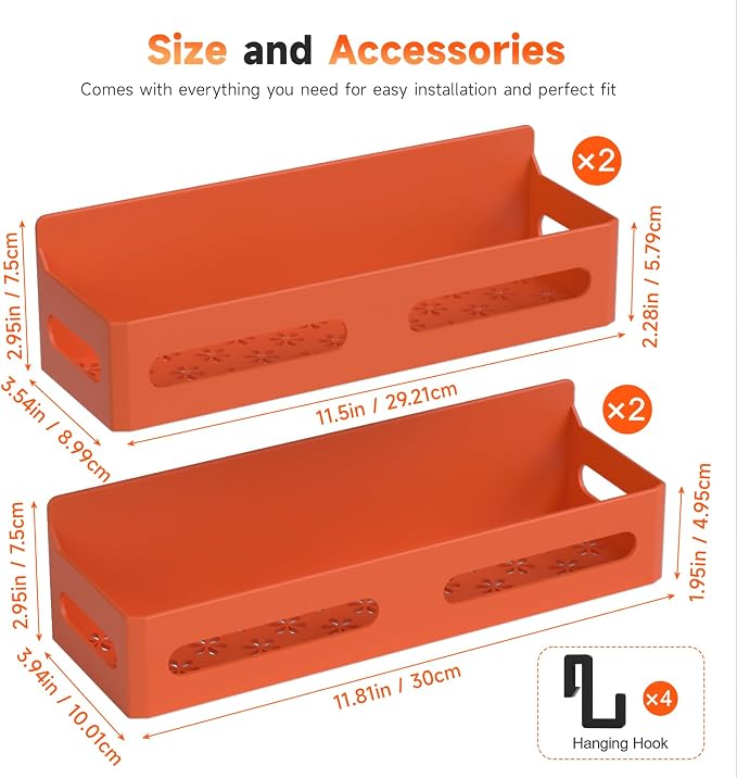 Sevenblue 4-Pack Magnetic Spice Rack for Refrigerator with Hooks, Orange | Strong multipurpose magnetic shelf for kitchen & bathroom organization. Includes 4 removable hooks for hanging items.