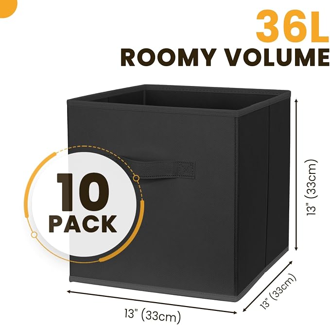 Large Storage Cubes- 13 Inch Cube Storage Bins for Organizing Shelves Kallax - Nursery Closet Organization Bins for Clothes Blanket - 10 Pack Collapsible Decorative Storage Box for Magazines (Black)
