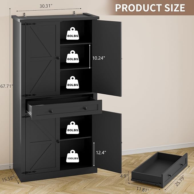 BORNOON Pantry Organizers and Storage Cabinet, 67.7” Barn Door White Kitchen Cabinet with Drawers and Adjustable Shelf, Tall Pantry for Kitchen, Dining Room, Living Room