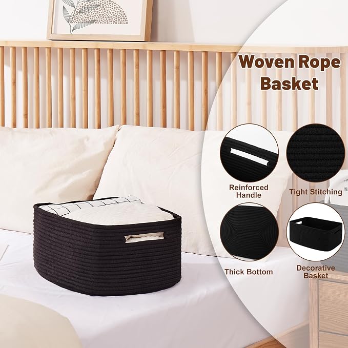 OIAHOMY Storage Basket for Shelves, Closet Cube Storage Bins Baskets for Clothes Blanket Towels, Baby Nursery, Toy Baskets Box, Woven Rope Basket, 15.75 * 11.81 * 7.09 IN, 2 Packs Black