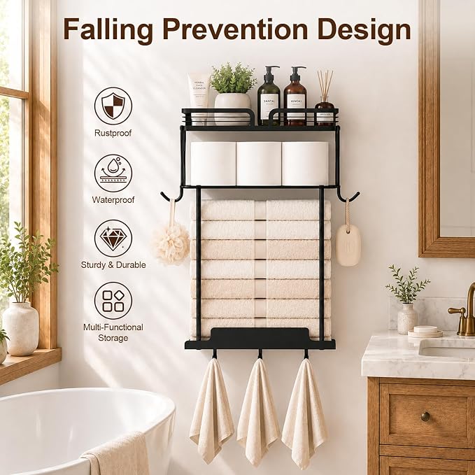 Towel Racks for Bathroom 23.8 Inch Wall Mounted Towel Rack with Shelf, Small Bathroom Towel Storage Holds 3–6 Large Rolled Towels, Metal Wall Towel Rack, Black