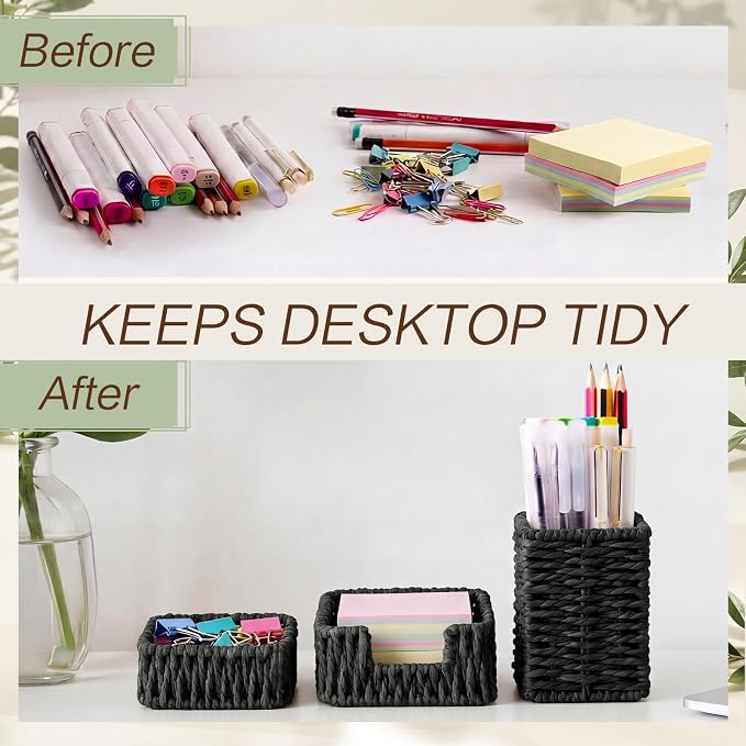 Black Paper Rope Woven Desk Organizer Set of 3 Natural Desktop Accessories Pencil Pen Cup Paper Clip Storage and Sticky Note Holder for Women Men Farmhouse Office Home Desktop Table Decor