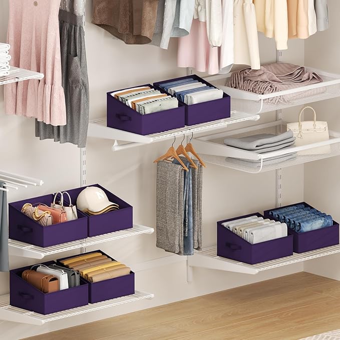 DIMJ Closet Storage Bins 6 Pack - Fabric Storage Baskets for Shelves, Collapsible Clothes Organizer, Trapezoid Shelf Organization Storage Cubes for Purse, Toys, Books, Towel, Clothes, Purple
