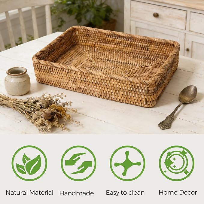 Large Rattan Serving Tray, Rectangle Wicker Storage Basket for Organizing | L(15.7" × 11"), Natural Rattan, Decorative Woven Tray Wicker Basket for Storage, Home Decor, Bathroom