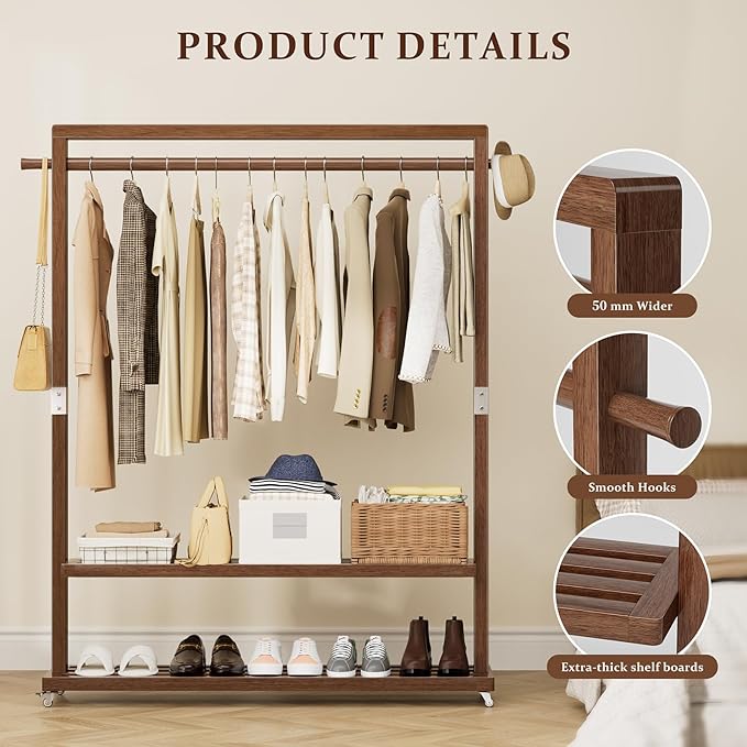 Solid Wood Clothes Rack with Wheels 3-in-1 Garment Rack Extra Long Rod 2 Shelves