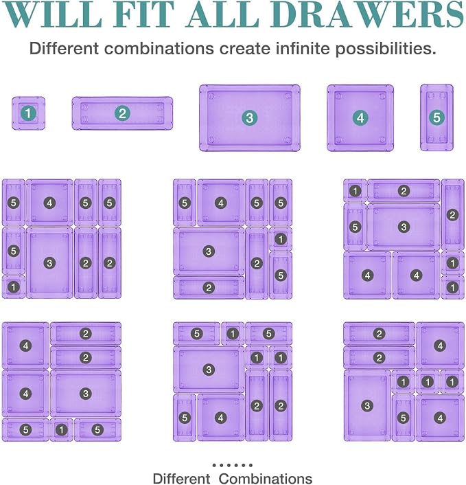 StorMiracle 13 PCS Drawer Organizer Set, 5 Varied Size Bathroom and kitchen Drawer cabinet organizer Trays, Clear Storage Bins for Makeup, Jewelry, Utensils and Gadgets, Purple
