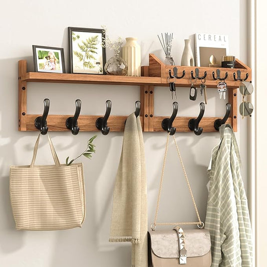 Evermagin 29" Coat Rack Wall Mount with Shelf & 11 Hooks, Entryway, Brown | 4-in-1: coat hooks, key hanger, mail holder & display shelf. Pine wood. For bedroom, hallway, mudroom, livingroom.