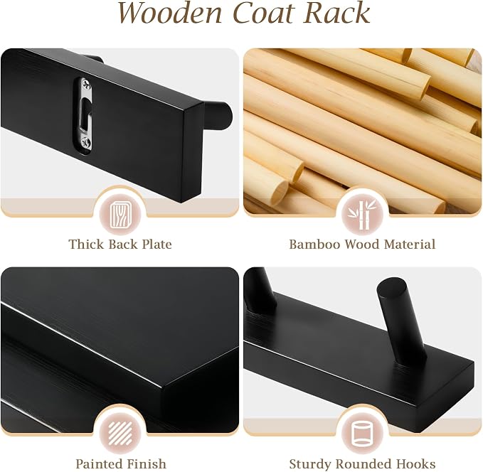 Coat Rack Wall Mount, Wooden Coat Hanger, Black, 1 Pcs | Heavy Duty, 5 Sturdy Rounded Hooks, Bamboo Wood Material, for Entryway, Doorway, Living Room, Kid's room, Living Room, Closet