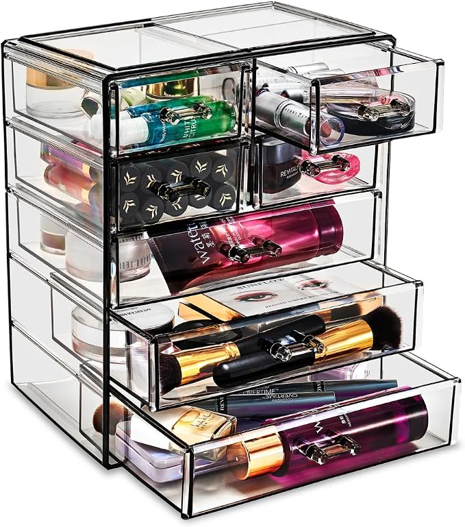 Sorbus Acrylic Makeup Organizer Set, 7-Drawer Vanity & Countertop Cosmetic Storage with Small & Wide Drawers, Black Jewel Makeup Storage for Brushes, Lipsticks, Jewelry, Holiday Gift for Women & Teens