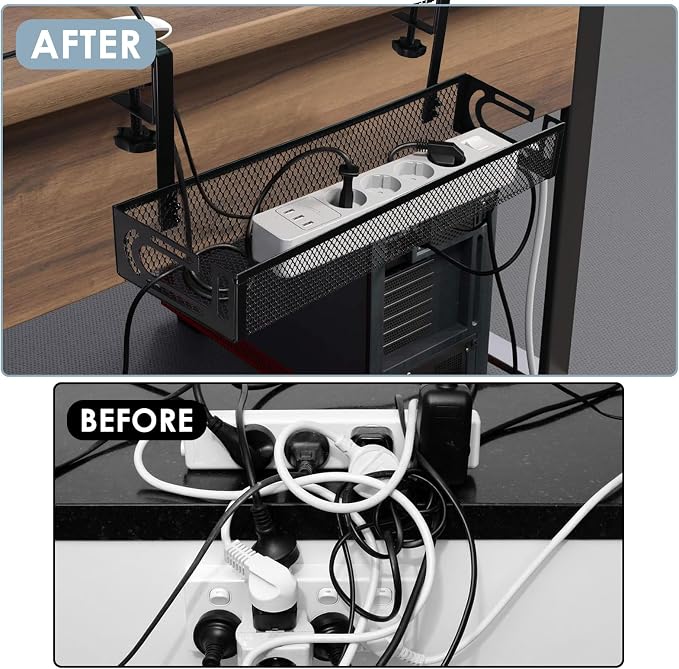 Cable Management, 2 Pack Cable Management Under Desk, Cable Tray | No Drill Under Desk Cable Management Tray, Cord Organizer with Clamp for Standing Desk, Desk Organizer for Home Office