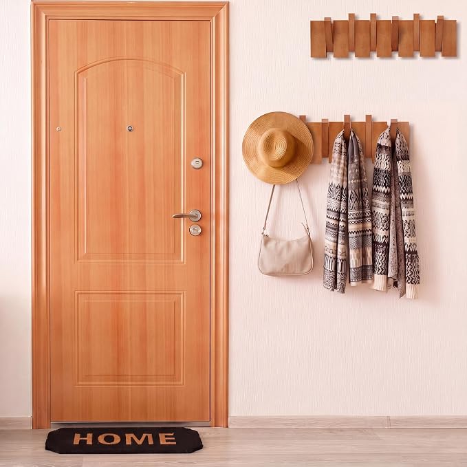 Youyole 2 Pcs 6 Hook Wooden Coat Hooks Mid Century Modern Wall Mounted Folding Coat Rack Hanger with Hooks Heavy Duty Flip Down Piano Hat Rack for Hanging Coats Hats Home