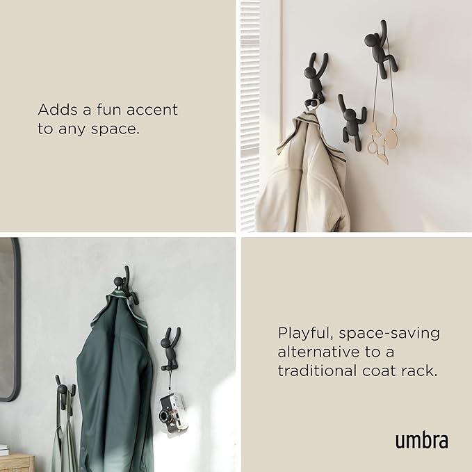 Umbra Buddy Wall Hooks – Decorative Wall Mounted Coat Hooks for Hanging Coats, Scarves, Bags, Purses, Backpacks, Towels and More, Set of 3, Black | Easy install with hardware, holds 5lbs per hook, entryway bedroom bathroom dorm, playful hanging storage...