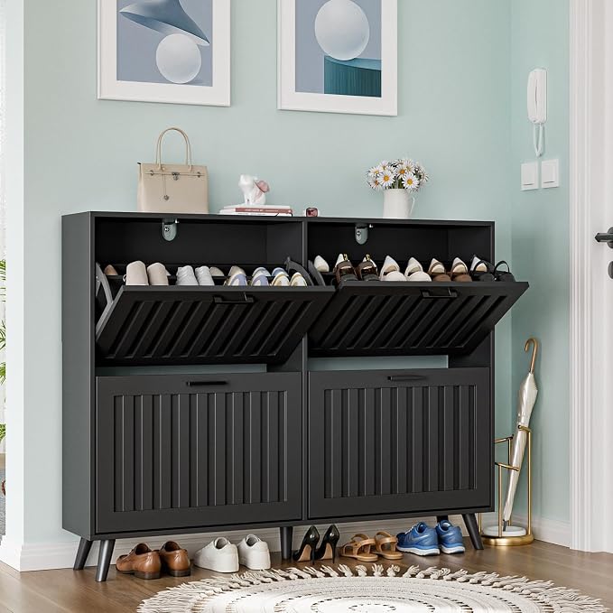 Shoe Storage Cabinet with 4 Flip Drawers, Modern Freestanding Organizer with Adjustable Shelf, Narrow Shoe Rack Cabinet for Entryway, Black