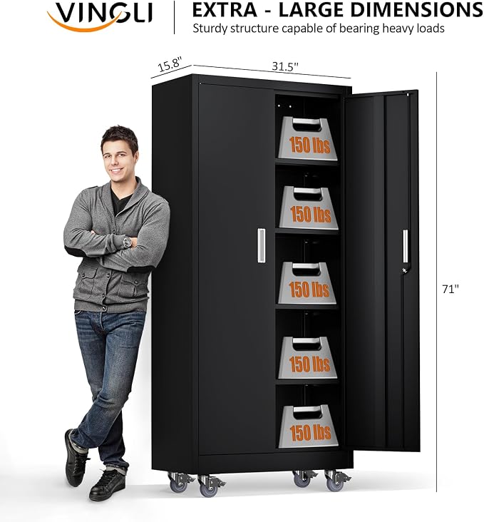 VINGLI Rolling Metal Storage Cabinet with Adjustable Shelves, 71'' Tall Garage Storage Cabinet with Wheels, Locking Tool Cabinets for Home Office Garage Gym School (Black)