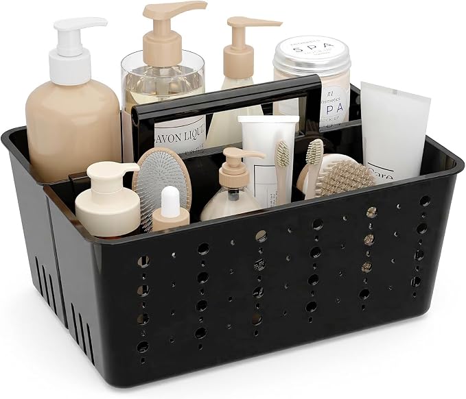 Lifewit Shower Caddy Portable, Caddy Organizer with Handle and Adjustable Dividers, Plastic Shower Basket for Dorm Room Essentials, College, Bathroom, Black, 1 Pack
