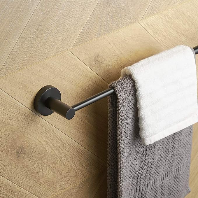 BESy Towel Racks for Bathroom Wall Mounted Bath Towel Bar Matte Black | Adjust 15" to 26" Rustproof, Stainless Steel Towel Holder, Wall Mounted for Bathroom Accessories, Heavy Duty, Space Saving