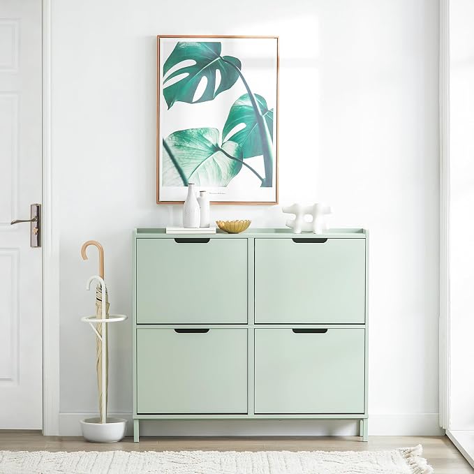 Haotian Green Shoe Cabinet with 4 Flip-Drawers | Narrow Freestanding Shoe Rack, Slim Shoe Organiazer for Entryway Hallway Mudroom, FSR100-GR