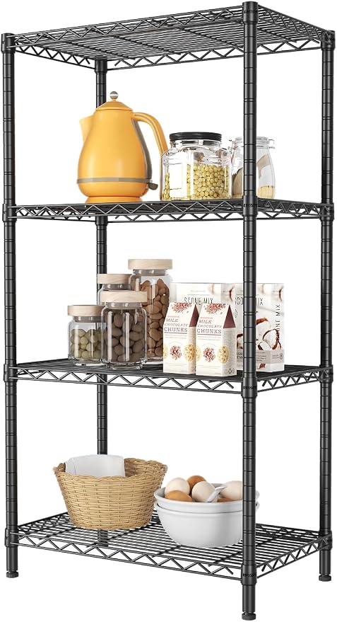SINGAYE 4 Metal Shelves Wire Shelving Storage Shelf Adjustable Unit Pantry | 4 Tier Kitchen Laundry Room Organization Home Pantry Closet Bathroom Organizers Garage Rack 14" D x 24" W x 48" H Black