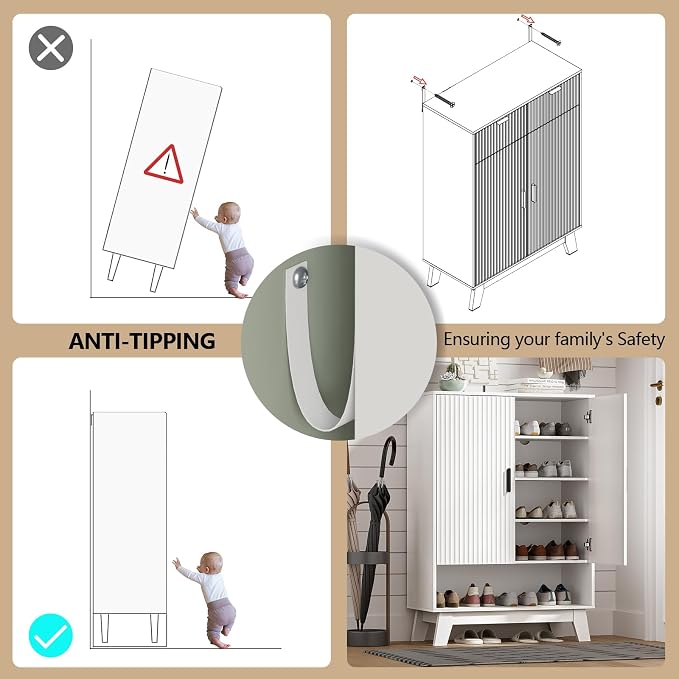 HUANLEGO Shoe Cabinet Storage for Entryway with Doors, White | 5 Tier Fluted Shoe Organizer with Adjustable Shelves, Shoe Storage with Wooden Legs, Freestanding Shoe Rack for Entryway