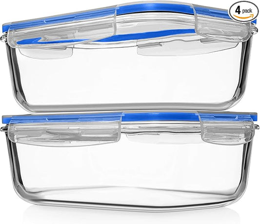 Razab 4 PC 1860ml / 63 Oz / 8 Cups Large Glass Food Storage Containers with Lids - Glass Meal Prep Containers for Roasting & Storing Leftover, Lunch Container with Lids, Microwave & Oven Safe