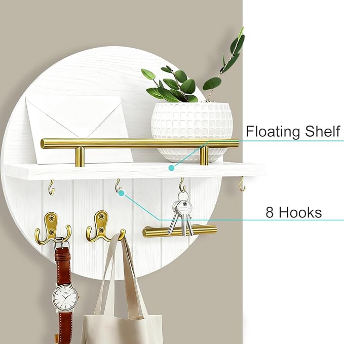 Round Wooden Key Holder Wall Mount with Shelf & 8 Key Hooks for Entryway | White Wood Key Holder, Top Shelf with Metal Guard Rail, Boho & Modern Farmhouse Entryway Decor for Home Apartment