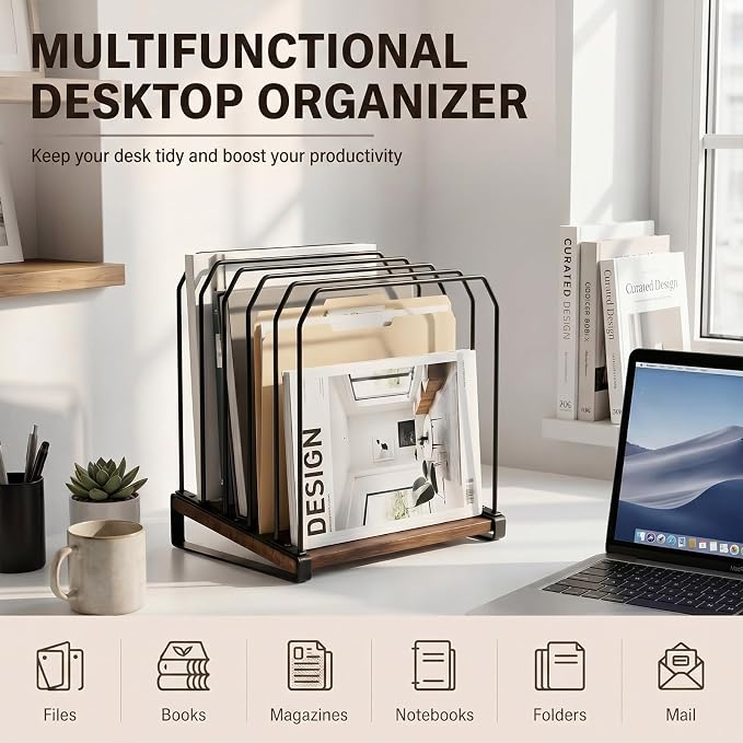 Novabright 2 Pack Inclined Desk File Organizer 5 Section Metal Vertical Folder Holder with Wooden Base Desktop Mail Sorter Step Magazine Document Paper Binder Holder for School Classroom Home Office