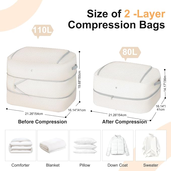 Comforter Storage Bag - 110L Large Capacity Blanket Storage Bags 2-Layer Ultra Space Saving Self Compression Organizer, Washable Compression Bags for Storage Comforter Blanket, 4-Pack, Beige
