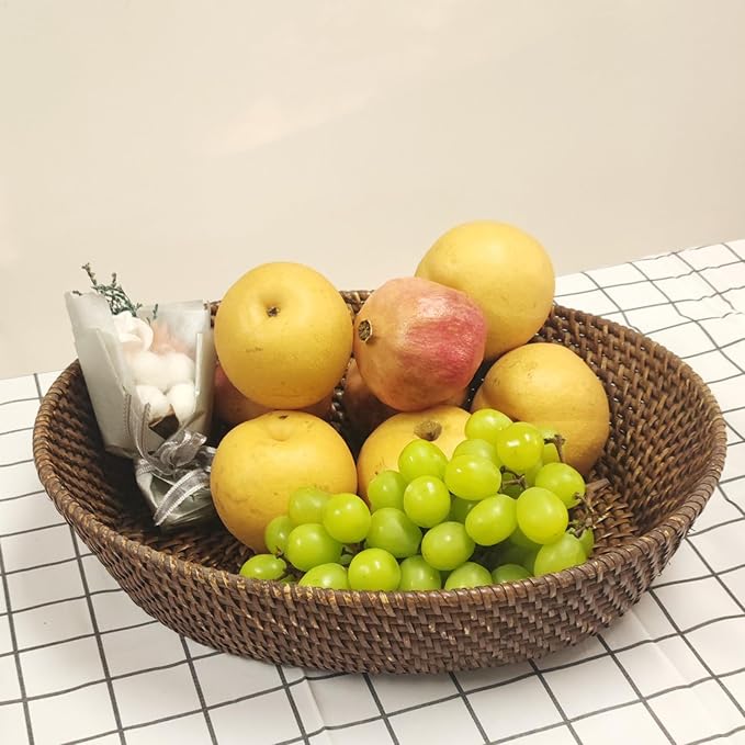 Large Rattan Fruit Basket Bread Serving Bowl with 4" High Wall, Dark Brown Trapezoid Wicker Basket Tray for Table Centerpiece, Woven Vanity Basket Fruit Bowl for Home Décor