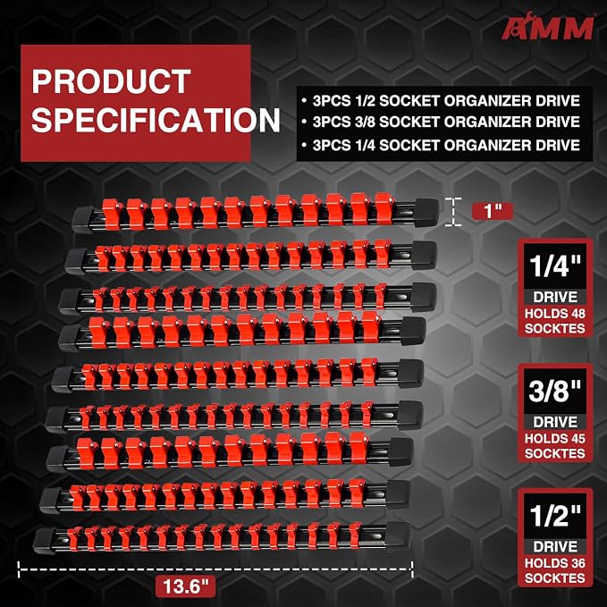 AMM 9-Piece Socket Organizer, 1/2, 3/8 & 1/4 inch Drive ABS Socket Holder, Heavy Duty Socket Racks