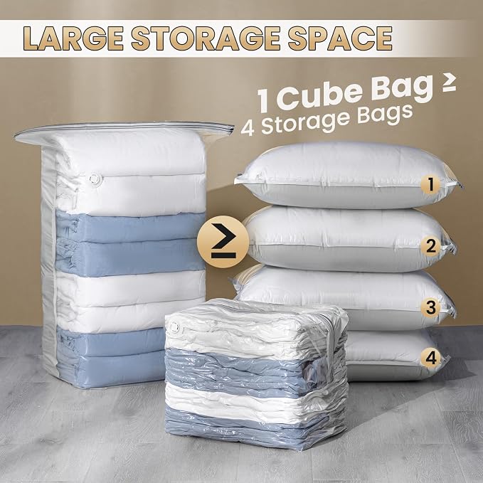 TAILI 8 Pack Vacuum Storage Bags, Cube Combo(3 Jumbo+5 Medium), Cream | Vacuum Seal Bags for Clothing, Bedding, Comforters, Blankets, Space Saver No Pump Compression Cube, 2 Size