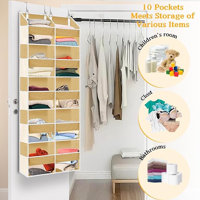 Ofiray-home Over the Door Organizer 5 Tiers,Extra Large Behind Door Storage of 10 Compartments,80 lbs Weight Capacity Over the Door Storage, Door Hanging Organizer for Closet, Diaper Organizer, Camel