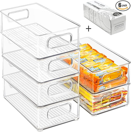 Stackable Refrigerator Organizer Bins, 6 Pack Clear Kitchen Organizer Container Bins with Handles and 20 PCS Plastic Bags for Pantry, Cabinets, Shelves, Drawer, Freezer - Food Safe, BPA Free 10"L
