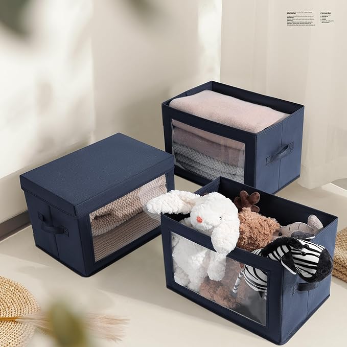 Homsorout Minimalist 6 Pack Large Fabric Storage Bins with Lids, Navy Blue, 14 Inch. - 6 Count, Ideal for Clothes, Books, CD, Bedroom, Living Room