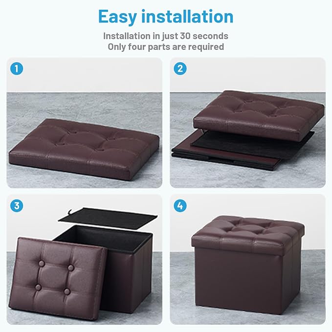 Bsketa Storage Ottoman Bench, 16" Folding Leather Foot Rest, Brown 2 Pack | Small Ottoman with Side Pockets, Thicker Foam Padded Seat, Livingroom, Dorm, Bedroom, Easy to install, 38L, 16x12x12in