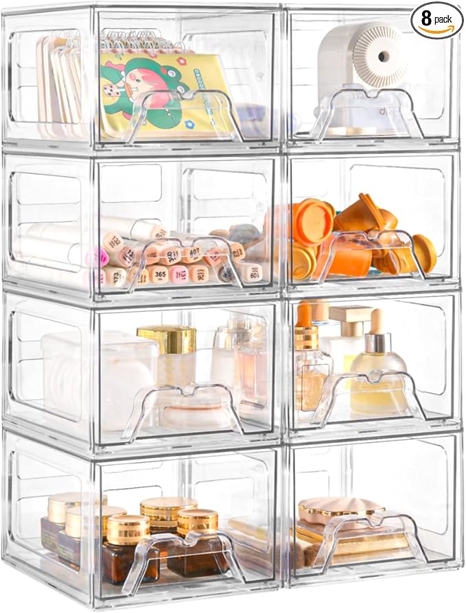 8Pack Acrylic Storage Drawers, Clear Stackable Storage Drawers, Acrylic Storage Bins with Drawers for Fridge Organizers, PlasticDrawers Stackable for Makeup Organizers Cosmetic Display